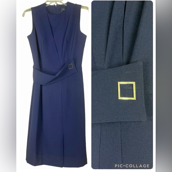 Tahari Navy Blue Sheath Dress with Gold Hardware on Belt w/ Front Slit Size 4 - Picture 1 of 13